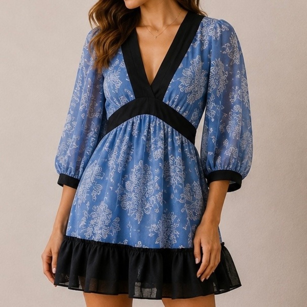 Moulinette Soeurs x Anthropologie Floral V-Neck Empire Waist Ruffle Mini Dress